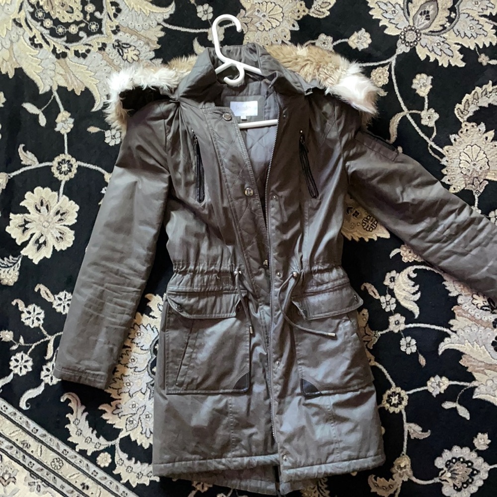 Laundry army green faux hooded coat